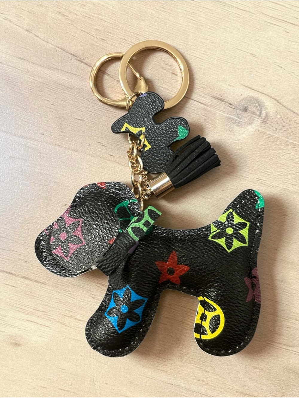 Black Multicolor Dog Bag Charm Keychain Tassel Gold Tone